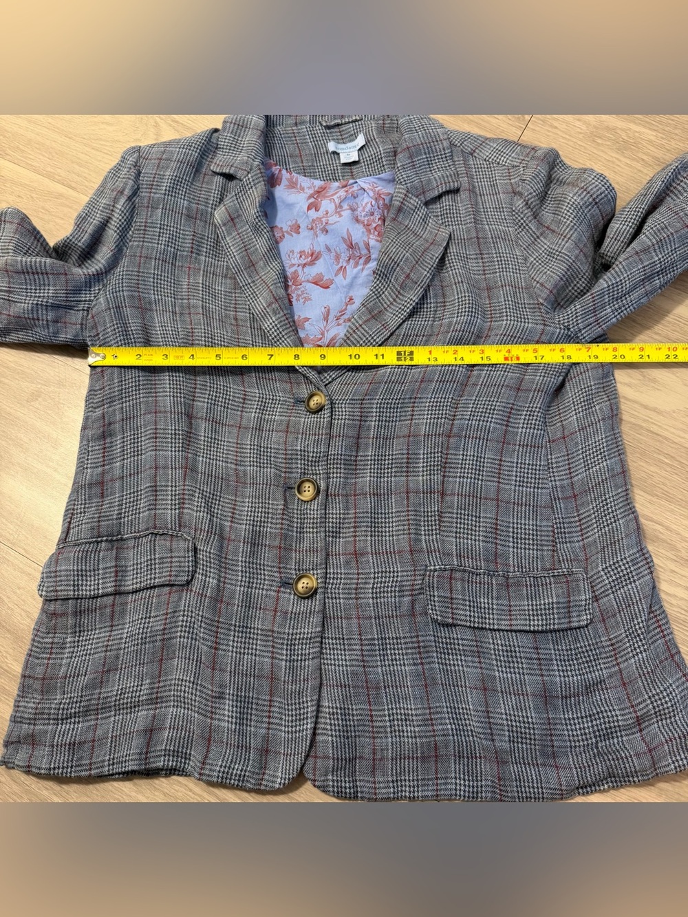Sundance, 100% Linen Blazer Jacket Plaid Blue Bird Floral Lining | Women Size M - Picture 8 of 9